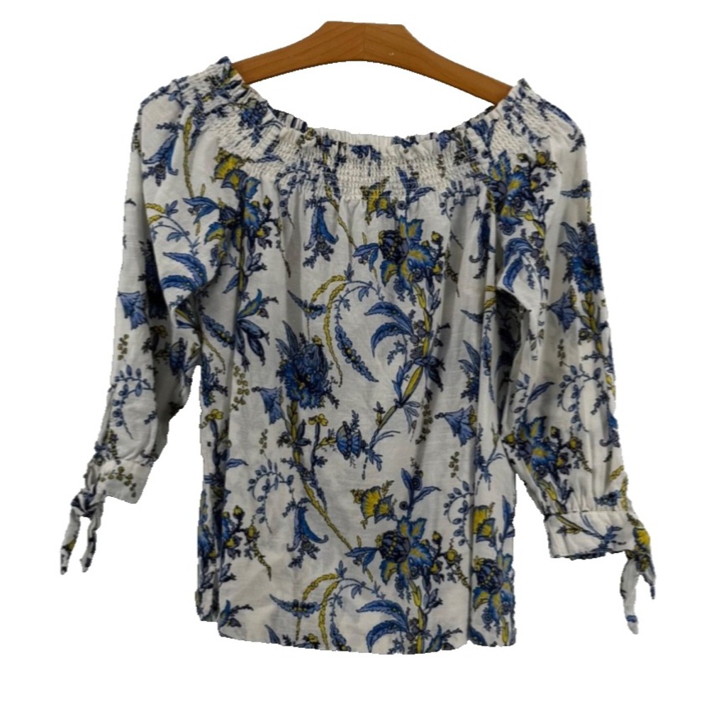 LOFT 100% Cotton Floral Off Shoulder Peasant Blouse Women's XS Blue White Boho